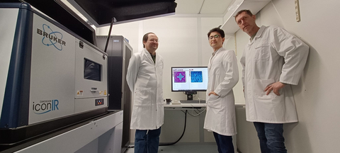 Bruker’s Dimension IconIR system at imec with (left to right) Hartmut Stadler (Bruker), Dowon Kim (imec) and Marcel Laarhoven (Bruker)