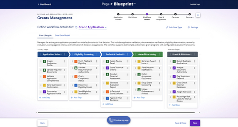 This screenshot of the FedRAMP-High-approved Pega Blueprint for Government shows how a government official can redesign their processes into more modern workflows.