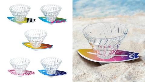 thumbnail The V60 Surfboard Dripper comes in six vibrant styles: Tropical Fish, Coral Resort, Lifesaver, Pink Surfer, Sea Breeze, and Hawaiian Sunset. (Credit: HARIO©)