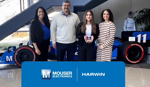 original Harwin's Anthony Bruggeman presents Mouser's Kristina Cole, Joanna Kruse, and Krystal Jackson with the Americas Distributor of the Year Award