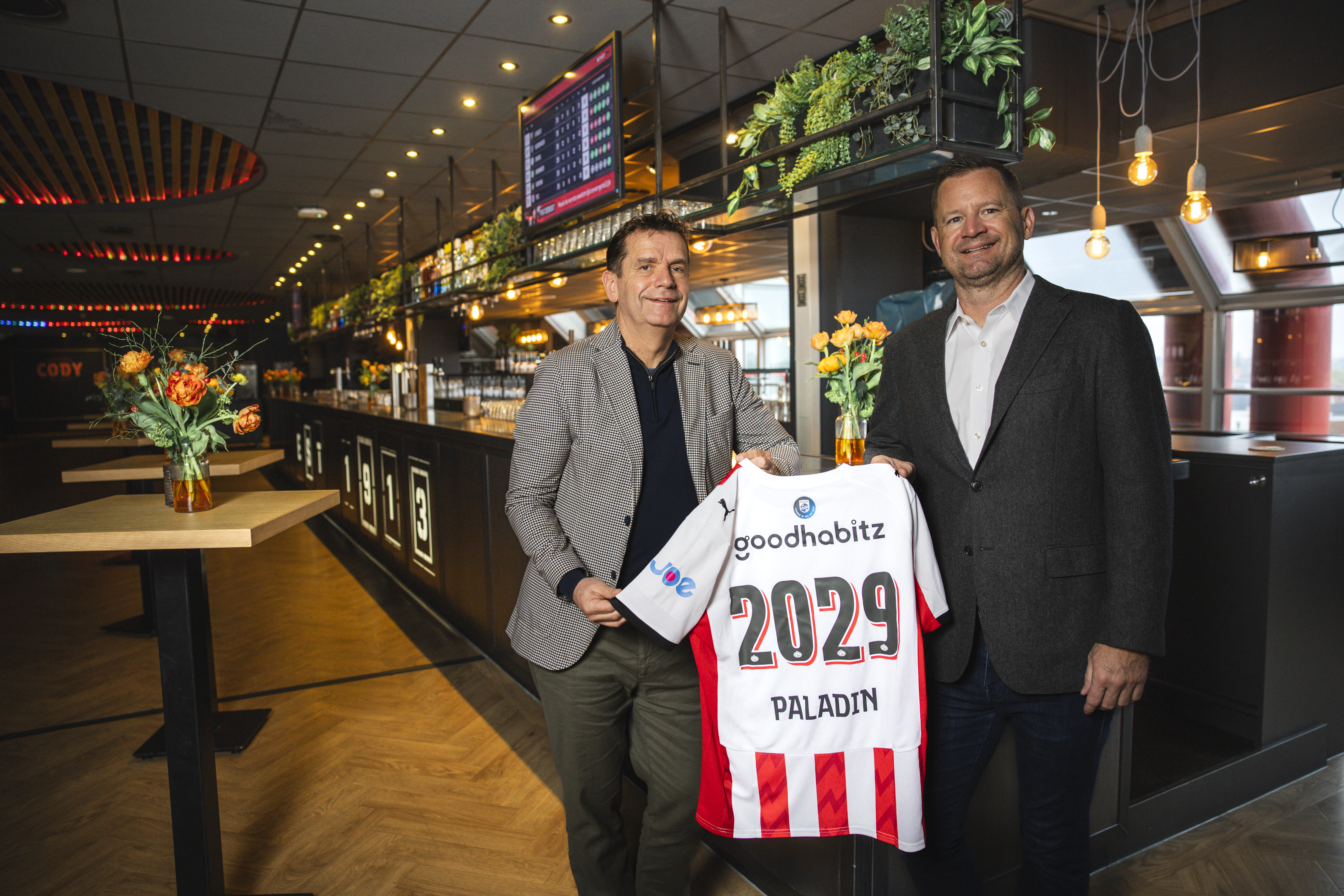 PSV&rsquo;s Commercial Director, Frans Janssen and Paladin CEO, Brian Diesselhorst in the new Paladin Business Lounge at PSV&rsquo;s Philips Stadium in Eindhoven, Netherlands