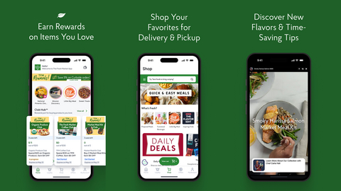 Cellphone mockups display three screens from The Fresh Market’s redesigned mobile app, highlighting TFM Rewards, personalized offers and expanded digital features. (Graphic: The Fresh Market)