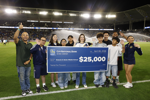 City National Bank presents a $25,000 check to Octavia E. Butler Middle School on April 4, 2026, at Dignity Health Sports Park in Los Angeles, during an LA Galaxy match.