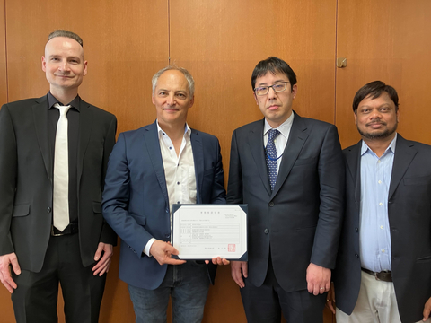 original April 17, 2026: SkyDrive received the ADO certification at the Aircraft Engineering and Certification Center (AECC). From left: Harald Nagler, Head of Airworthiness and Type Certification, SkyDrive, Arnaud Coville, Chief Technology Officer, SkyDrive, Fujimaki Yoshihiro, Director of Aircraft Engineering and Certification Center, Airworthiness Division, Safety and Security Department, Civil Aviation Bureau (JCAB), Yuwaraj Dande, Manager of ADO and Process Assurance at Airworthiness and Type Certification, SkyDrive