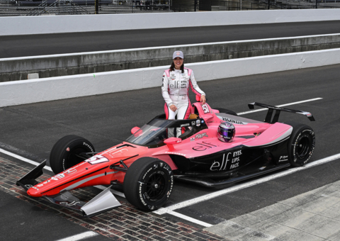 Katherine Legge after qualifying for her fourth Indianapolis 500 (2024), posting a four-lap average of 230.244 mph. Photo credit: Geoff Miller/LAT