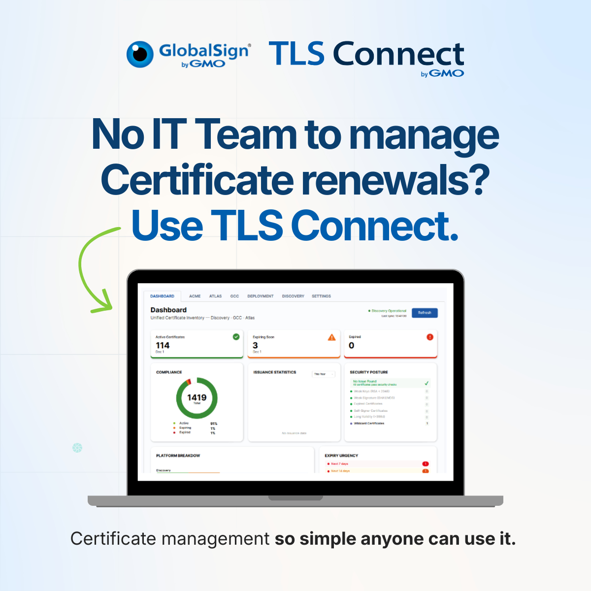 No IT team to manage certificate renewals? Use TLS Connect. Certificate Management so simple anyone can use it.