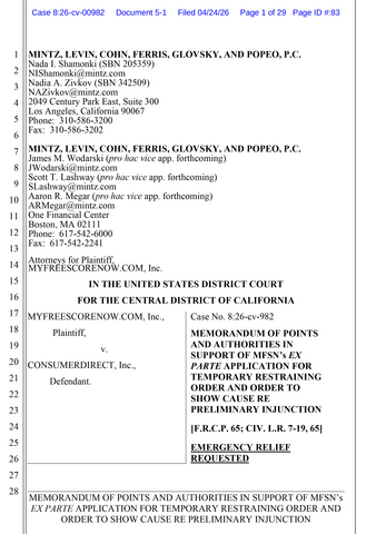 original MyFreeScoreNow.com has filed for emergency relief in the U.S. District Court for the Central District of California to compel ConsumerDirect to immediately return customer data that MyFreeScoreNow exclusively owns under the parties’ longstanding agreement. ConsumerDirect’s refusal to release the data has interfered with customer migrations, disrupted affiliate businesses and harmed thousands of customers and partners who rely on MyFreeScoreNow’s services. MyFreeScoreNow further states it has invested heavily in a secure, compliant independent platform and is seeking swift court action to protect customers, affiliates and fair competition in the marketplace.