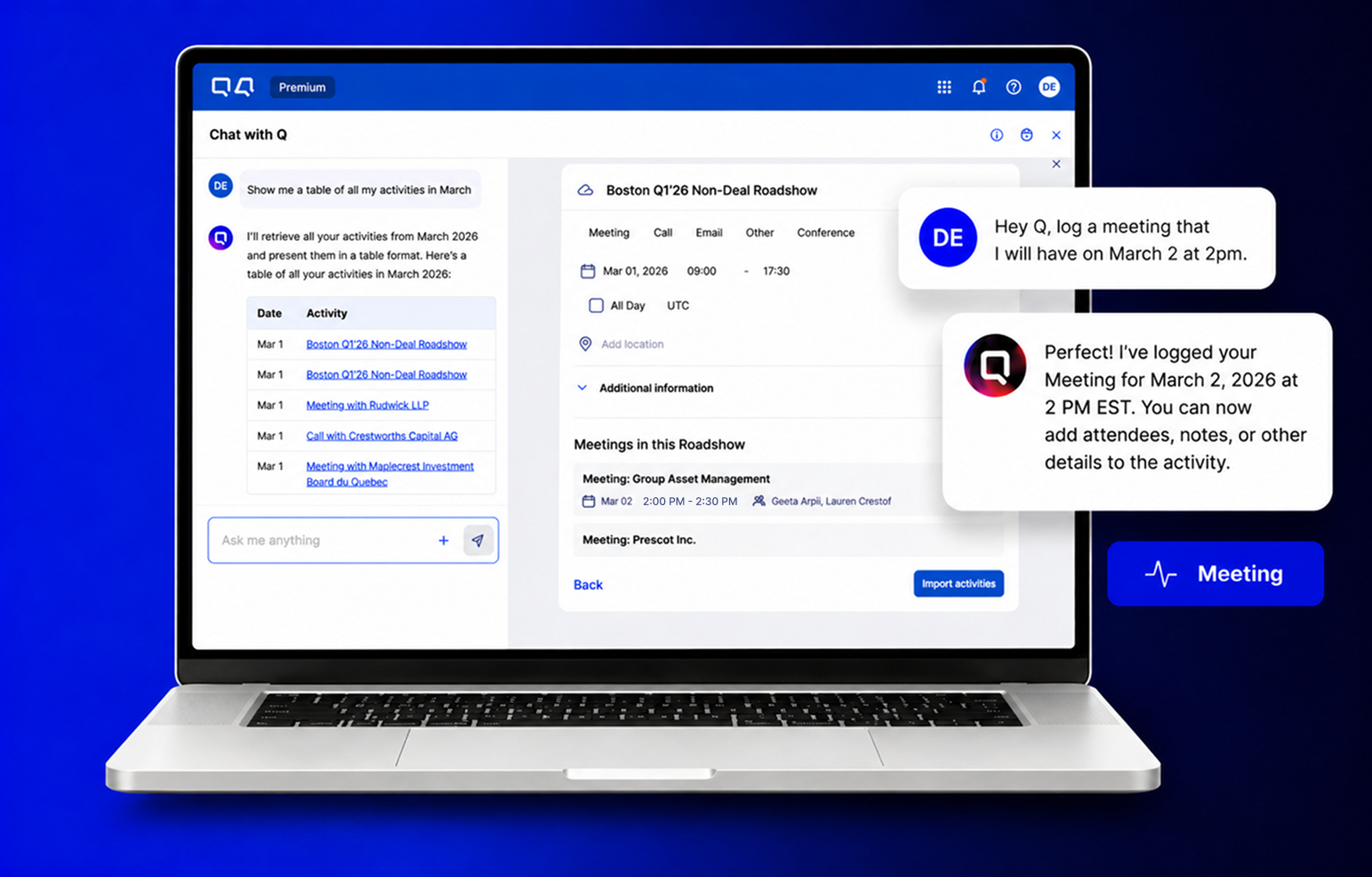 Q4&rsquo;s AI-native CRM embeds Q, the first AI-powered IRO Agent, directly into the CRM interface &mdash; enabling IR teams to interact with their data and act more quickly on what matters.