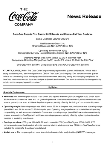 original Coca-Cola first quarter 2026 full earnings release