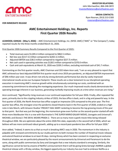 original AMC Entertainment Holdings, Inc. Reports First Quarter 2026 Results