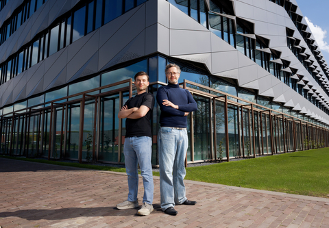 QuantWare co-founders Matthijs Rijlaarsdam (CEO) and Alessandro Bruno (CTO), pictured outside of QuantWare's KiloFab facility in Delft, Netherlands.