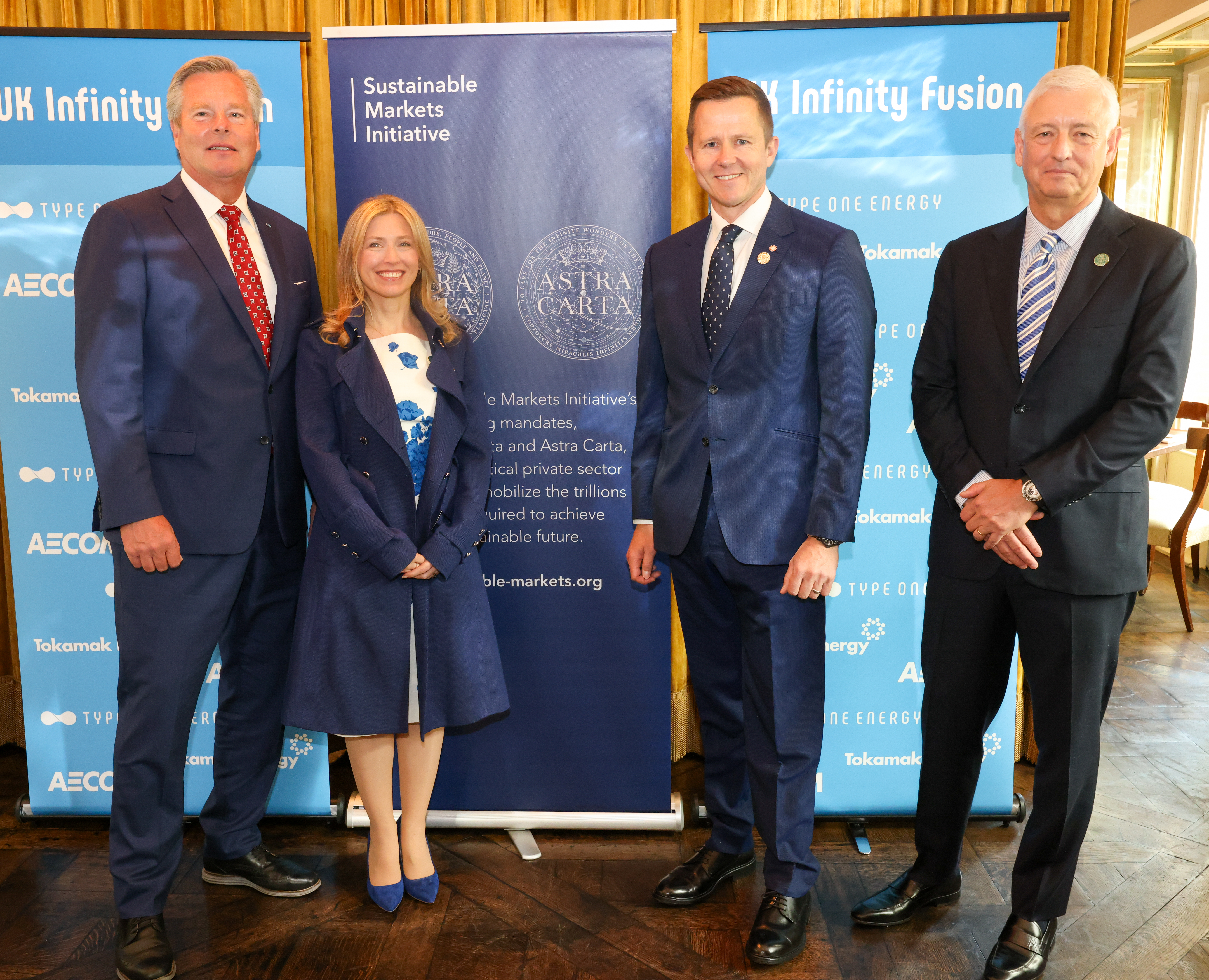 (From left to right) Chris Mowry, CEO of Type One Energy; Jennifer Jordan-Saifi, CEO of the Sustainable Markets Initiative (SMI); Warrick Matthews, CEO of Tokamak Energy; and Troy Rudd, CEO of AECOM at the UK Infinity Fusion Consortium signing in New York City.