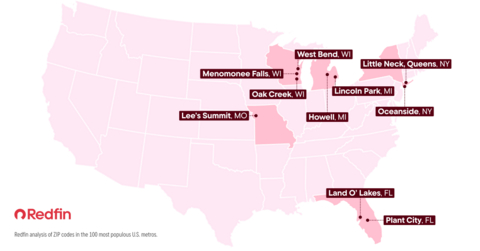 Redfin-branded map highlighting the 10 hottest neighborhoods in the US.