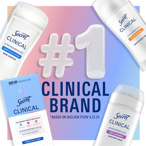 thumbnail Secret Clinical Strength with Hyaluronic Acid provides clinically proven, 100-hour protection – even in 100-degrees Fahrenheit heat – the strongest level of protection against sweat and odor while being gentle on skin.