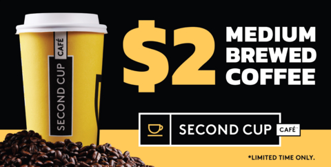 original Second Cup Café lance une offre à durée limitée de café infusé moyen à 2 $ partout au Canada. PHOTO : Foodtastic.