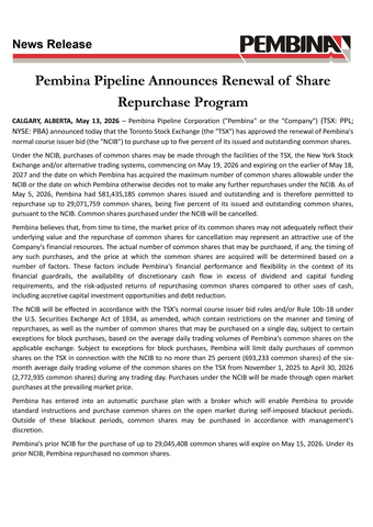 original Pembina Pipeline Announces Renewal of Share Repurchase Program