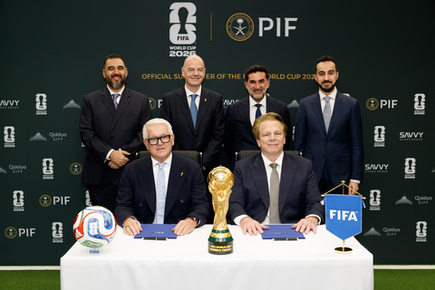 original 14 May, 2026: Front row (L-R), Romy Gai, Chief Business Officer, FIFA and Kevin Foster, Managing Director and Head of Corporate Affairs, PIF, back row (L-R), H.R.H Prince Faisal Bin Bandar Bin Sultan Al Saud, Vice Chairman, Savvy Games Group, Gianni Infantino, President, FIFA, H.E. Yasir Othman Al-Rumayyan, Governor, PIF and Muhannad AlDawood, Chief Strategy Officer, Qiddiya Investment Company witnessed the signing of the partnership of PIF as Official Tournament Supporter of FIFA World Cup 2026™, incorporating PIF companies, Savvy Games Group and Qiddiya City (Photo by PIF)