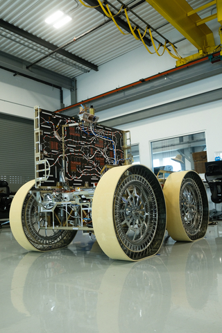 Astrolab’s FLIP rover is shown at the company’s headquarters in Hawthorne, California. FLIP will carry payloads from four NASA centers to the Moon’s south pole aboard Astrobotic’s Griffin-1 lander as part of NASA’s Commercial Lunar Payload Services initiative. The mission is slated for launch in late 2026. Credit: Astrolab
