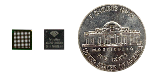 Photograph of the MLX200 chip with a five-cent coin for size reference