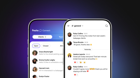 Fresha Connect interface shown across two mobile screens, featuring AI-powered client messaging and internal team communication designed to keep beauty and wellness businesses connected in real time.