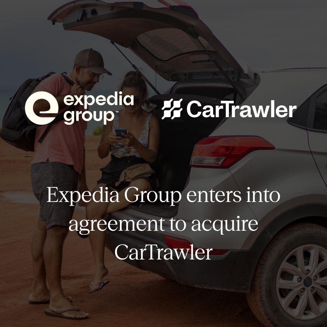 Expedia Group and CarTrawler logos symbolize strategic B2B travel platform acquisition and mobility solutions expansion.