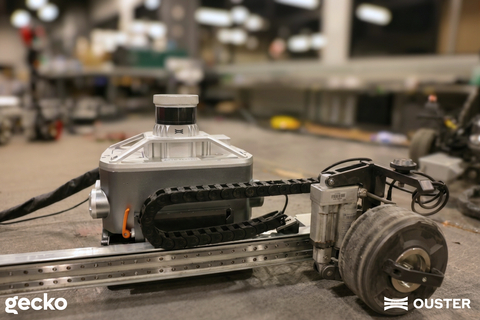 original Gecko's Komodo robot equipped with an Ouster Rev8 OS0 native color lidar.