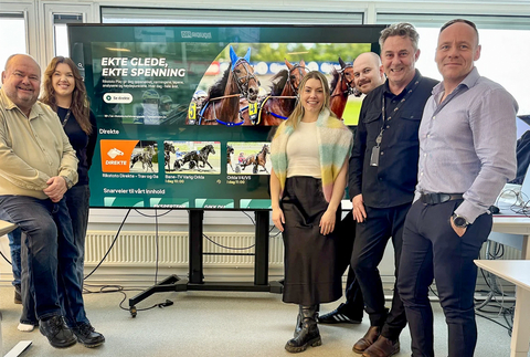 With the launch of NEP Mediabank's 'Play' direct-to-consumer OTT streaming service, Rikstoto now brings all distribution, broadcast, TV channel, digital, and OTT, into a single environment. Left to right are Geir Lilleberg, Lena Pettersen, Maria Otterlei, Sondre Skandsen, Espen Stensrud and Frode Martnes at the launch of Rikstoto. Photo: Mari Bull/NEP
