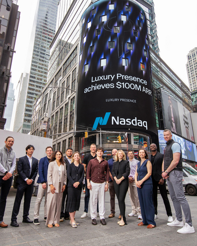 original Luxury Presence's New York City team, along with founder and CEO Malte Kramer, gathers in Times Square to celebrate the company's $100 million ARR milestone.