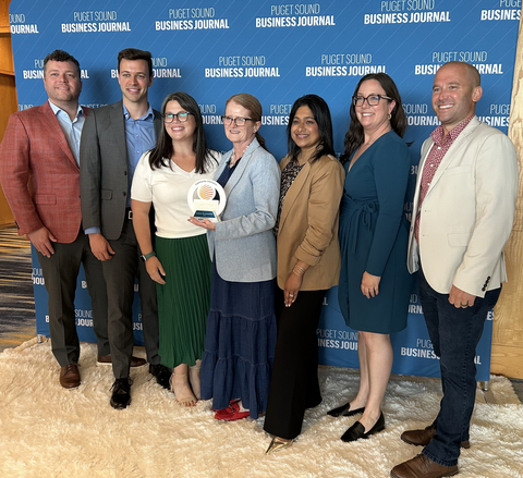 Sharmila Swenson, VP, Public Affairs & Social Impact (3rd from right), along with members of Symetra’s public affairs, social impact and community relations team, accepted the 2026 Community Champion Award from the Puget Sound Business Journal at an awards event at the Four Seasons Seattle on May 12, 2026.