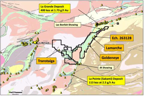 Figure 1: Sakami Property located south of Lux Metals' La Grande deposit and north of Fury Gold's La Pointe deposit.