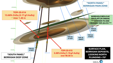 original Figure 1: 3D plan view showing drill holes TOM-25-009 to TOM-25-013 and their planned extensions (blue lines) targeting the modeled conductive plate at depth, along with significant intersections from holes TOM-25-014 and TOM-25-015 within the Berrigan Deep zone.