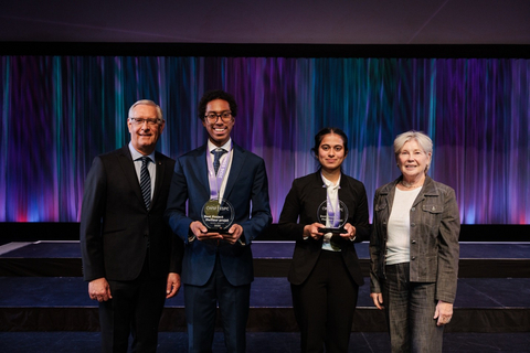 original Liam Desre from Kingston, Ontario (second from left), and Gurnoor Kaur from Waterloo, Ontario (second from right), received the Best Project Awards from Reni Barlow, executive director of Youth Science Canada (left), and Pat Trottier, president of the Gwyn Morgan and Patricia Trottier Foundation (right), at the Canada-Wide Science Fair awards ceremony on Thursday, May 28, 2026, at the Northern Alberta Jubilee Auditorium in Edmonton. PHOTO: Youth Science Canada
