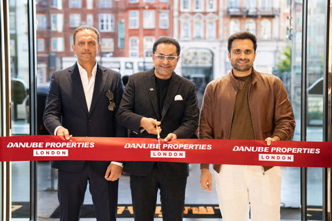 original Atif Farid, Head Business Development (UK); Rizwan Sajan, Founder and Chairman of Danube Group; and Adel Sajan, Managing Director of Danube Group, at the launch of Danube Properties' new sales office in Central London. (Photo: AETOSWire)