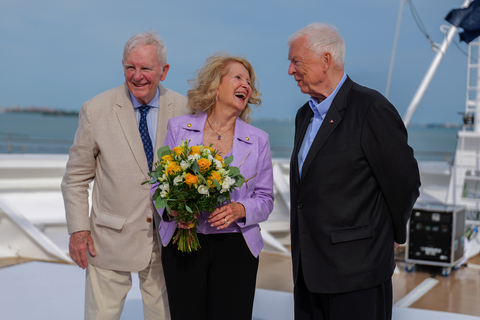 original Viking today announced its newest ocean ship, the Viking Mira, was officially named during a traditional ceremony in Venice, Italy. Pictured here, Executive Chairman Torstein Hagen with Rebecca “Becky” Webb Wilson, godmother of the Viking Mira, and her husband Spence Wilson during the ship’s naming ceremony in Venice, Italy. For more information, visit www.viking.com.