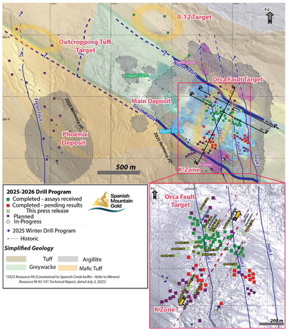Figure 1: Drill Collar Location Map — 2025-2026 Drill Program. The figure illustrates the collar locations for all 21 drill holes reported in this news release, plus holes with assays pending. Section lines correspond to cross-sections presented in Figures 2, 3, and 4. Collar coordinates are summarized in Table 6. Abbreviations: metres = m, grams per tonne = g/t, gold = Au, mineral resource estimate = MRE, Spanish Mountain Gold = SMG. 38, 39, 41, 51, and 54 are the 26-DH-1338, 26-DH-1339, 26-DH-1341, 26-DH-1351 and 26-DH-1354 respectively.