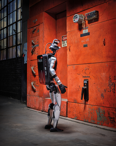 original Ouster lidar on a FieldAI humanoid robot.