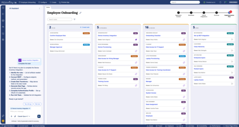 original This screenshot shows the new AI Assistant in Pega Infinity Studio working on a task from an implementation plan to complete the application build process.