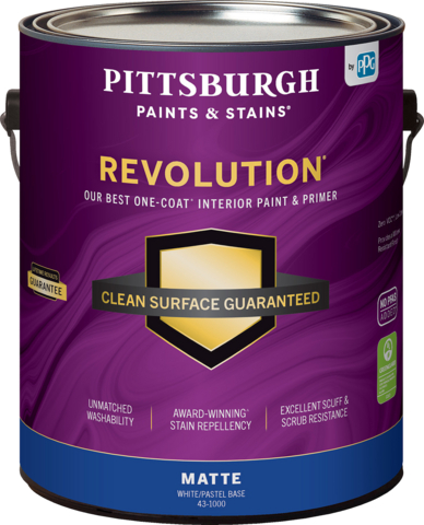 original PITTSBURGH PAINTS & STAINS brand introduces new and improved REVOLUTION paint and primer formula with two times more scrub resistance, making the brand’s best one-coat interior paint even better with unmatched washability.