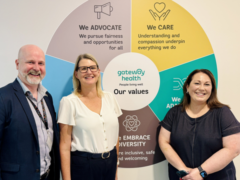 From left to right: Trent Dean (Gateway Health CEO), Karen Le Grand (InterSystems Regional Support Manager), and Kylie Gillison (Gateway Health Data & Privacy Team Leader) celebrate the go-live of the InterSystems TrakCare Community Solution at Gateway Health.