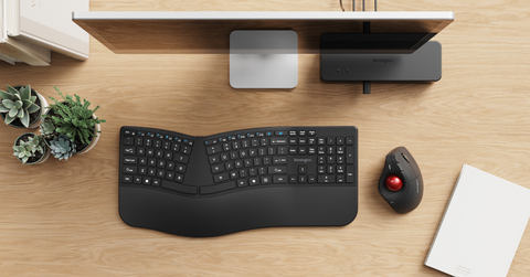 original The new Kensington Pro Fit Ergo TB675 Vertical Wired and Wireless Trackballs are ergonomically designed thumb-operated trackballs engineered to deliver precise control and customizable productivity for today's multi-device professionals. Honored with a 2026 Red Dot Award for Product Design, the TB675 trackballs feature an ergonomist-approved 60-degree vertical design that supports more natural wrist and thumb positioning. The contoured shape is well-suited to fit users with average-sized hands, helping professionals navigate spreadsheets, creative applications, and multi-screen workflows with reduced strain and improved control.