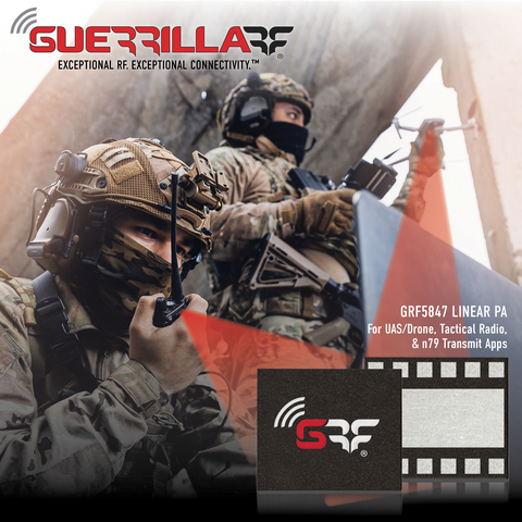 original Guerrilla RF launches its new flagship linear PA solution for the 4.4 GHz to 5.2 GHz frequency band, supporting high-data-rate UAS payload communications, upper C-band tactical radio systems, and n79 massive MIMO cellular infrastructure deployments.