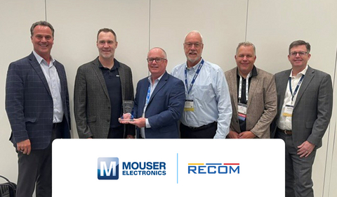 original Representatives from RECOM Power present the Mouser team with the 2025 Americas High Service Distributor of the Year Award