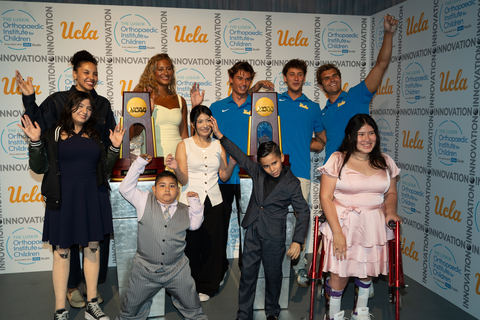 original LuskinOIC Patient Ambassadors with UCLA athletes and the Women's Basketball & Men's Water Polo NCAA Championship trophies at the LuskinOIC Innovation + Access Gala Top Row (Left to Right), Amanda Muse, Sierra Betts, Alex Heenan, Hayden O’Hare, Max Matthews Bottom Row (Left to Right), Ivonne Mondragon Valdez, Iker Fajardo, Suzzet Mondragon Valdez, Ramses Solorio, Karen Martinez. Photo credit Mark Wang, Mark Wang Photography