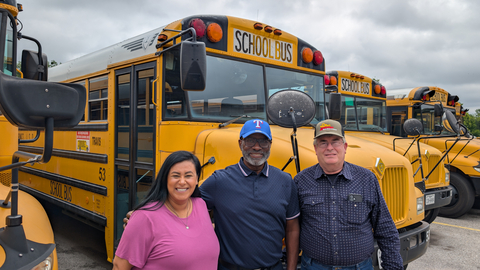 original BusRight Names Sulphur Springs Independent School District Bus Driver Lawson Crook as Inaugural Behind The Wheel Award Winner. Pictured left to right: Elvia Zuniga; Lawson Crook; and Dan Froneberger, who nominated Crook for the award.