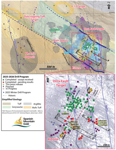 original Figure 1: Drill Collar Location Map — 2025-2026 Drill Program. The figure illustrates the collar locations for all 8 drill holes reported in this news release, plus holes with assays pending. Section lines correspond to cross-sections presented in Figures 2, 3, and 4. Collar coordinates are summarized in Table 5. Abbreviations: metres = m, grams per tonne = g/t, gold = Au, mineral resource estimate = MRE, Spanish Mountain Gold = SMG.