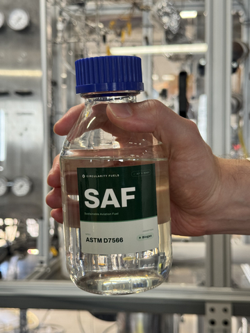 A sample of the world's first sustainable aviation fuel (SAF) made from cow-manure biogas. California startup Circularity Fuels says its modular system can produce SAF at roughly one-fifth the capital cost of plants currently under construction in Europe. Circularity's technology is expected to create a new revenue stream for dairy farmers, whose biogas today goes largely to waste, while also reducing the carbon footprint of air transportation. Courtesy Circularity Fuels.