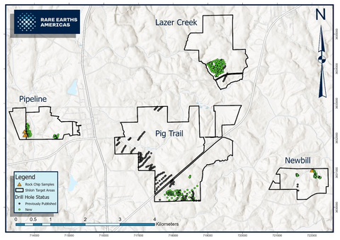 Figure 1 - Holes drilled & rock chip samples taken through Q1 2026, including holes drilled at Lazer Creek, Newbill, Pig Trail and Pipeline.