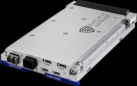 original Pacific Defense's SWH1530VP, a next-generation dual-enclave 100/40 Gigabit Ethernet switch engineered to provide secure, deterministic, and high-performance networking for modern Command, Control, Communications, Computers, Cyber, Intelligence, Surveillance, Reconnaissance (C5ISR), Electronic Warfare (EW), and edge computing applications.