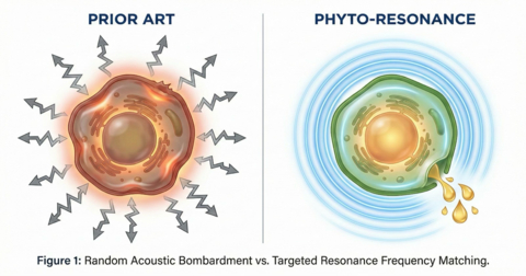 original Figure 1. Random acoustic bombardment (prior art) vs. targeted resonance frequency matching.