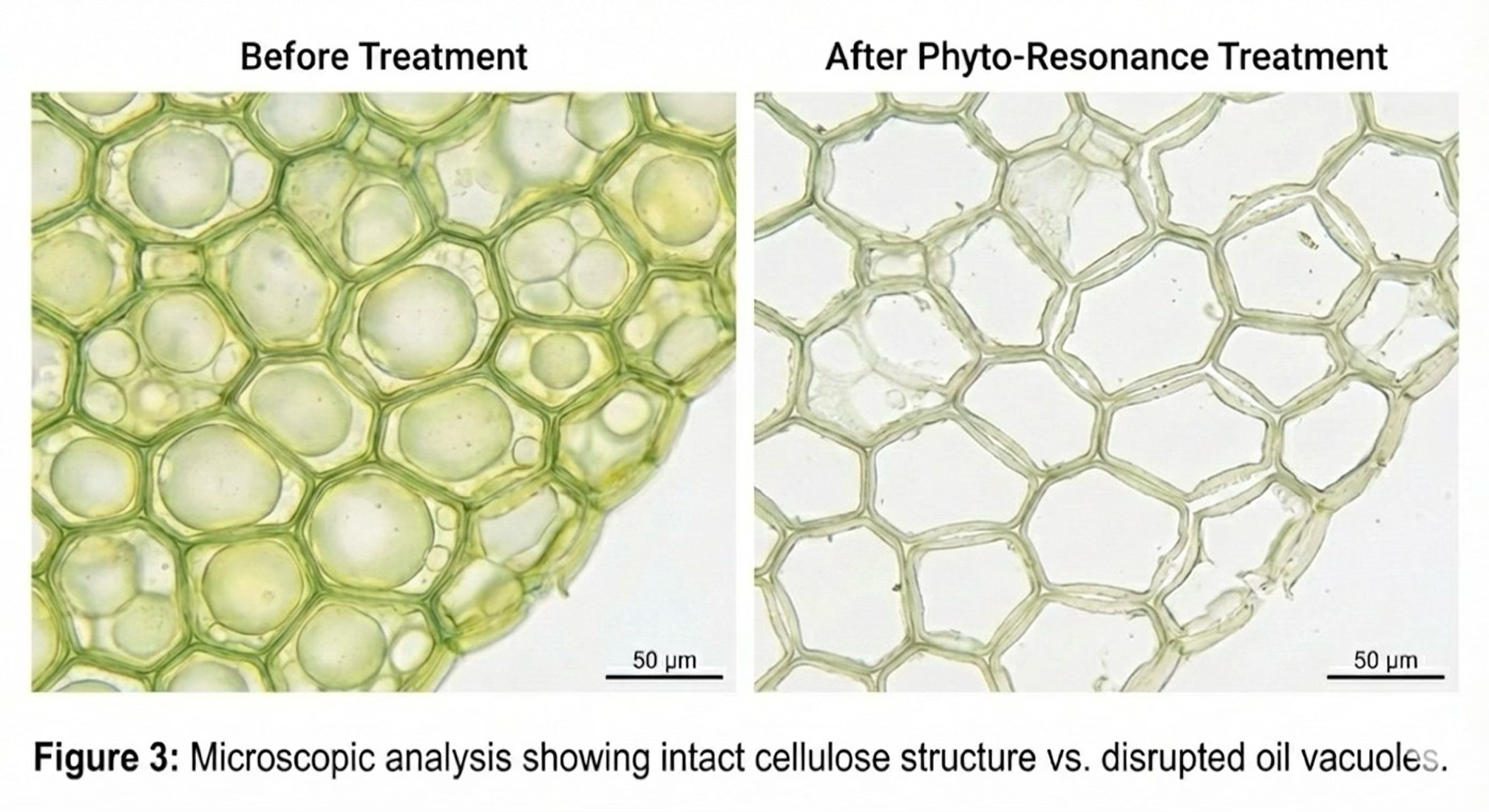 Figure 3. Microscopic analysis showing intact cellulose structure vs. disrupted oil vacuoles.